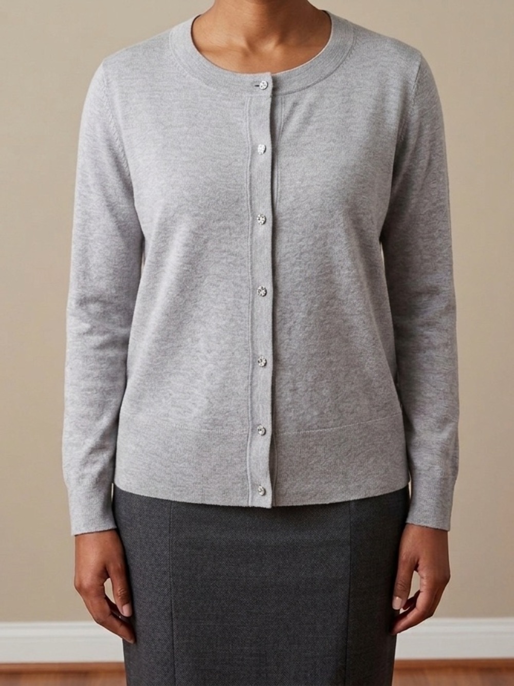 Denver Hayes Soft Light Gray Button-Front Crewneck Cardigan